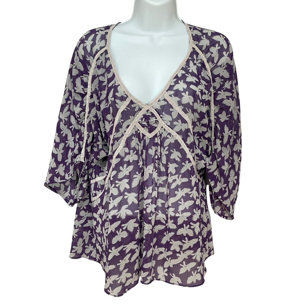 Black Rainn Blouse Bird Print Purple V-Neck Women Size Medium Sheer Top Pintucks